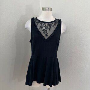 New Torrid Womens 0X Black Ruffle Trim Peplum Top Lace Floral Mesh Sleeveless